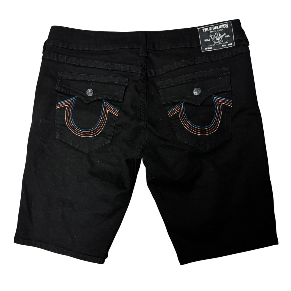 True Religion Ricky Relaxed Straight Black Denim Shorts Mens 38 Rainbow Stitch